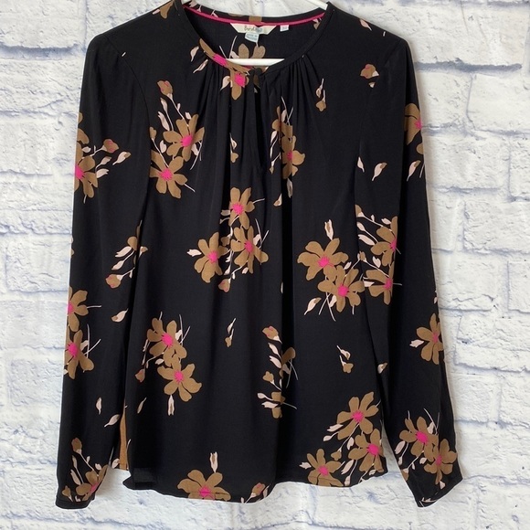 Boden Mara black floral keyhole long sleeve top size 4 - Picture 2 of 7